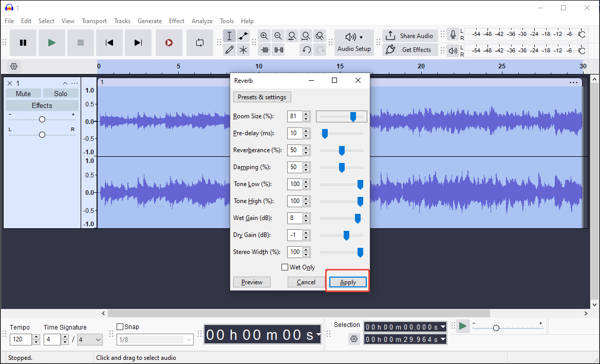 Audacity Reverb window showing the selected Apply option.