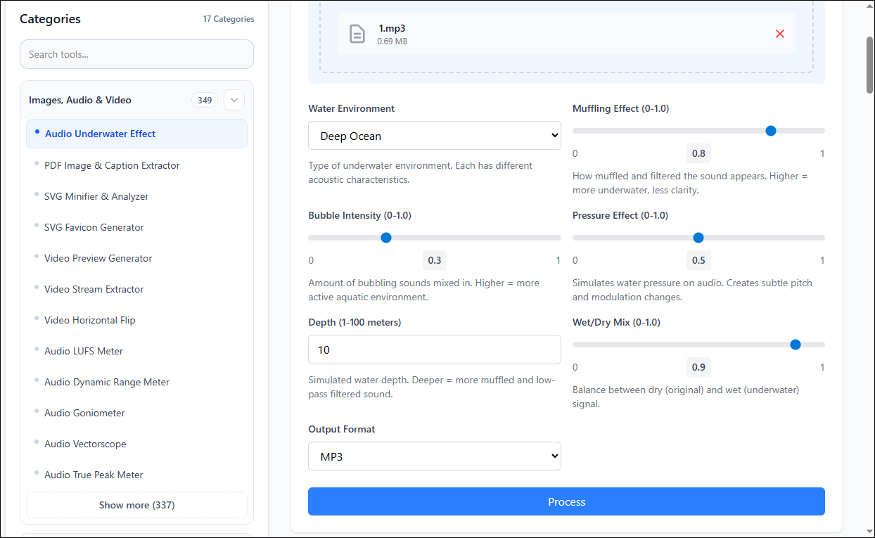 Elysia Tools interface showing the available underwater effect settings.