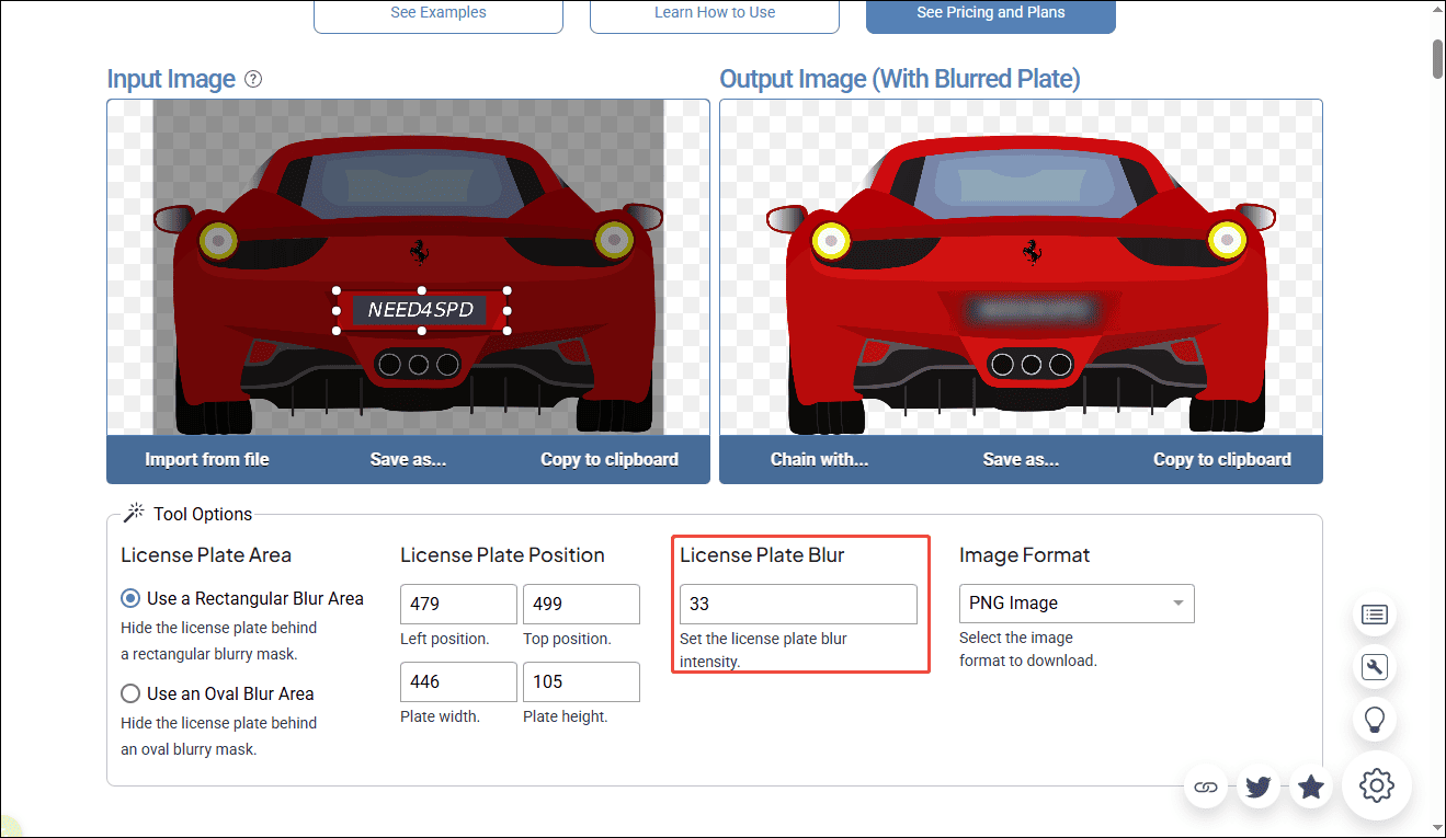OnlineTools interface with the selected License Plate Blur option.