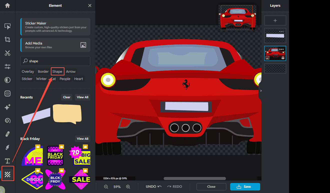 Pixlr Express interface showing how to add a shape to a license plate.