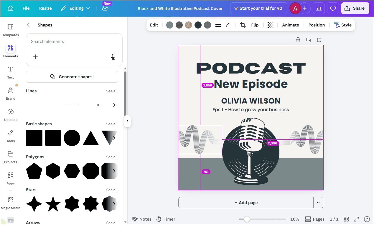 The main editing interface of Canva as a podcast cover maker.