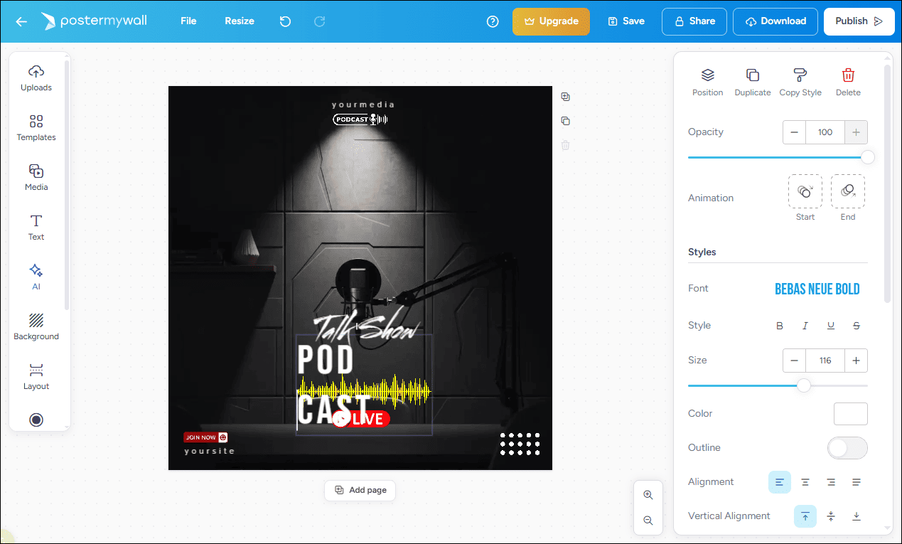 The main editing interface of PosterMyWall as a podcast cover maker.