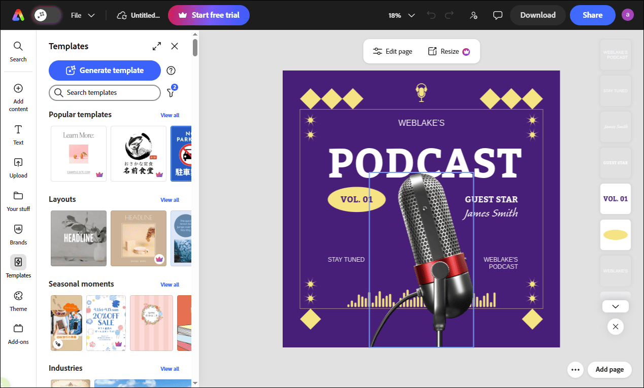 The main editing interface of Adobe Express.