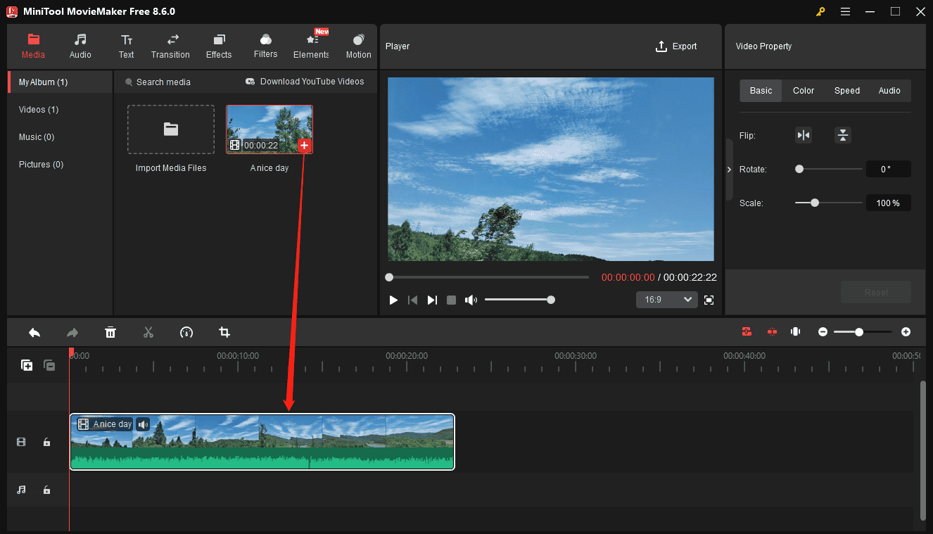 MiniTool MovieMaker interface showing how to add a video to the timeline.