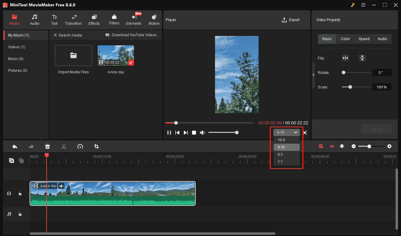 MiniTool MovieMaker interface showing how to change the timeline’s aspect ratio.