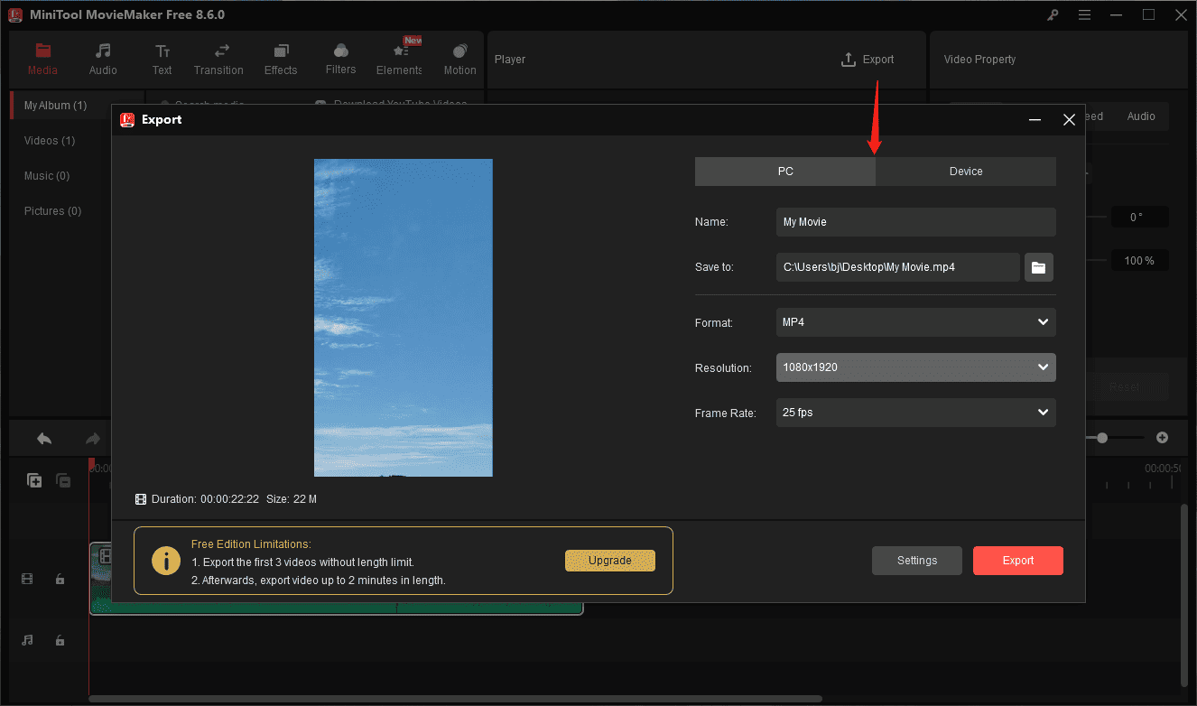MiniTool MovieMaker interface showing how to export a video.