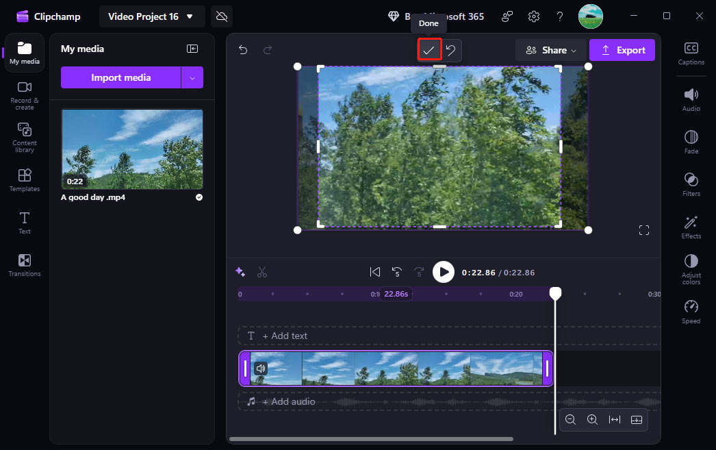 Microsoft Clipchamp interface with the selected Done icon on the floating toolbar above the video preview.