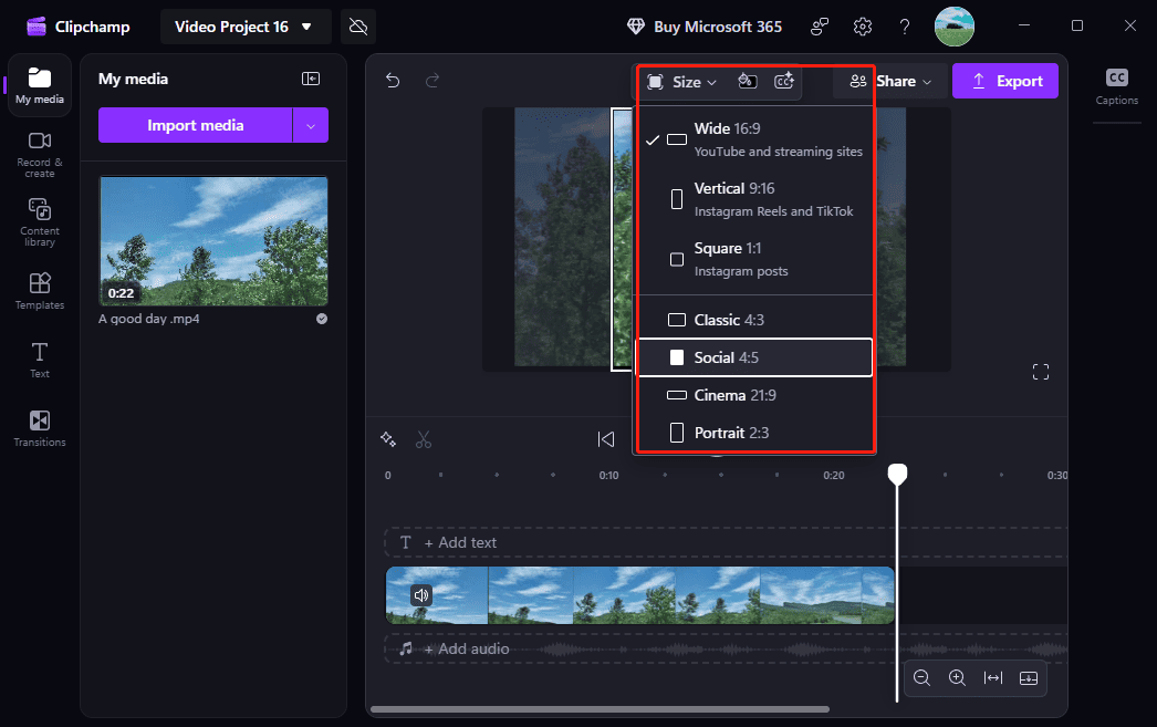 Microsoft Clipchamp interface showing how to change the video size.