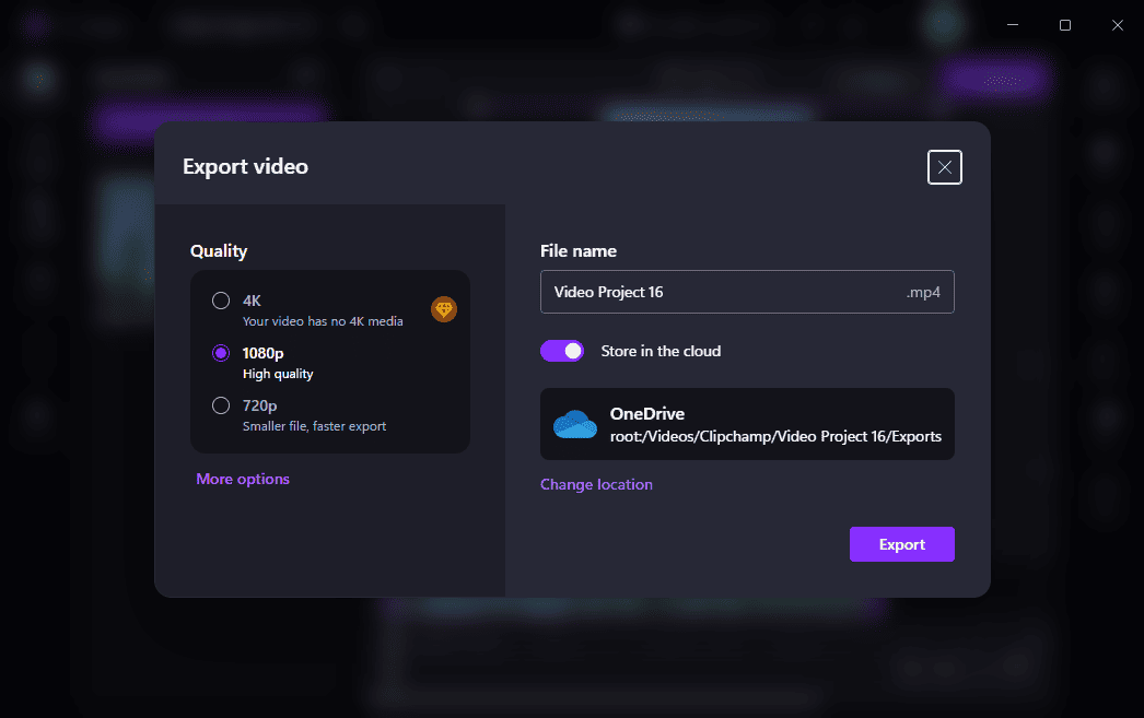 Microsoft Clipchamp interface showing its exooer video window.