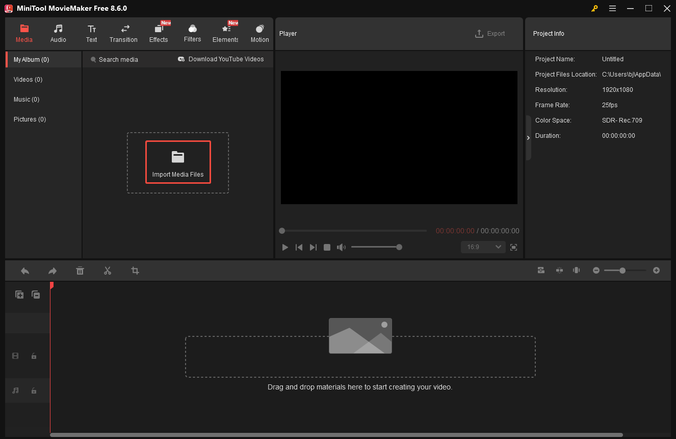 MiniTool MovieMaker interface showing the selected Import Media Files option.