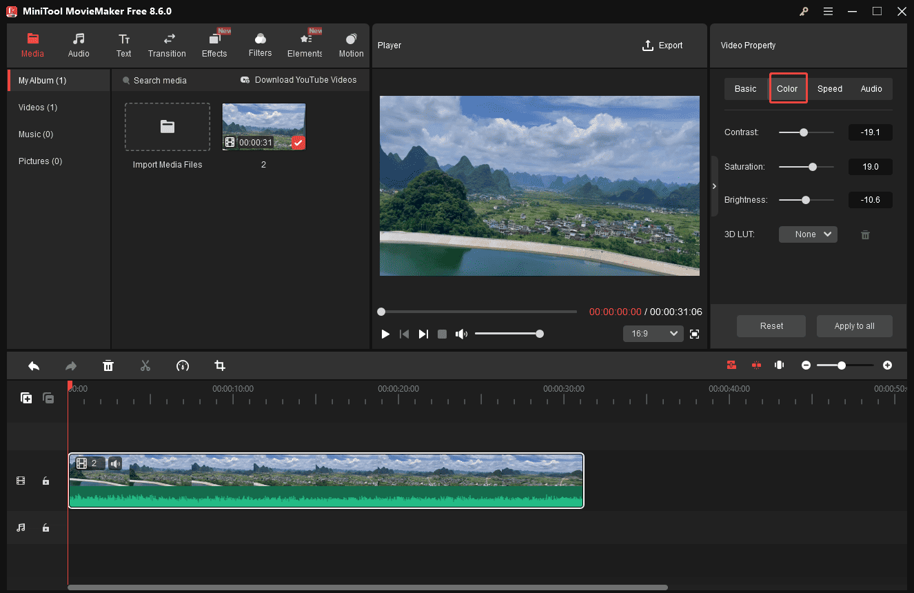 MiniTool MovieMaker interface with the selected Color tab in the Video Property panel.