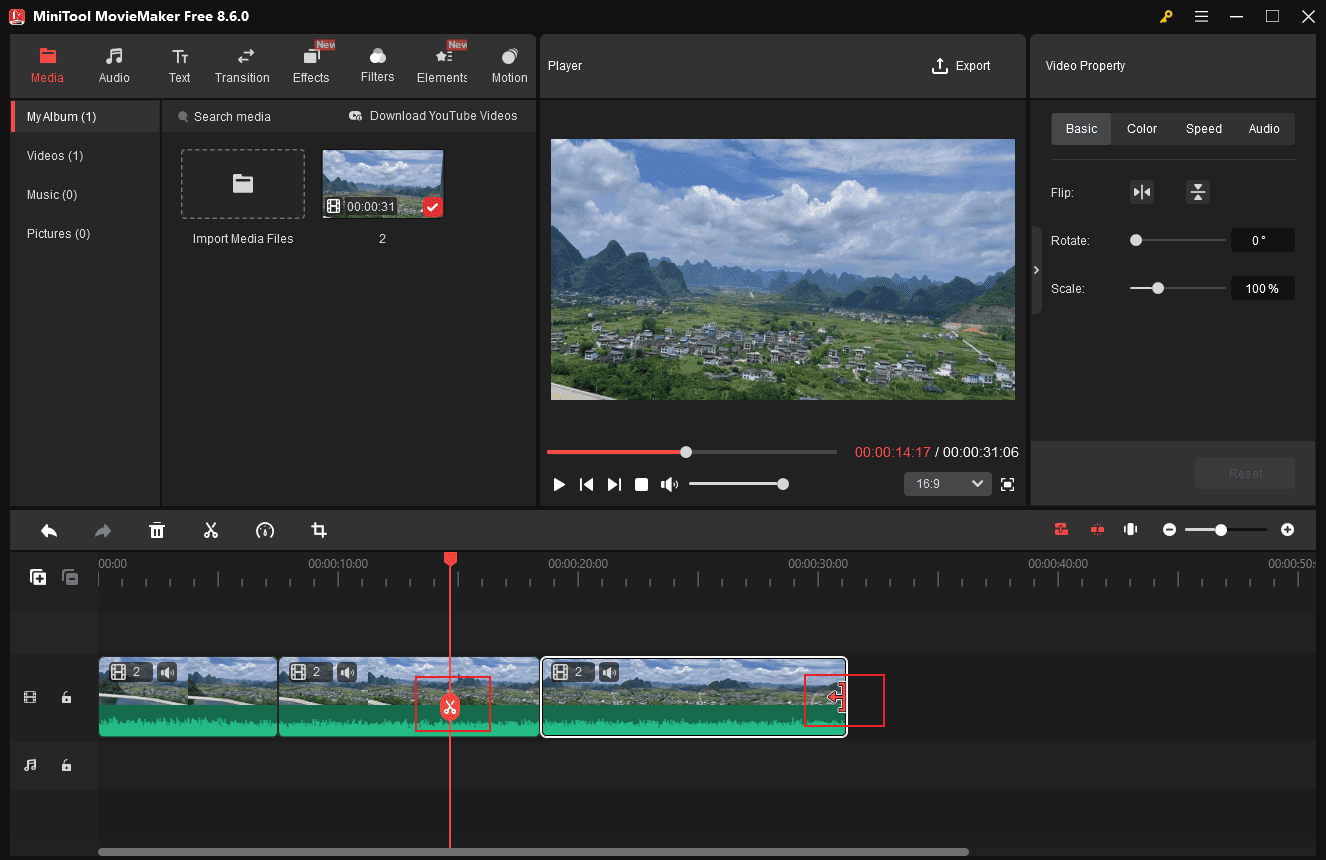 MiniTool MovieMaker interface with the selected Split and Trim icon.