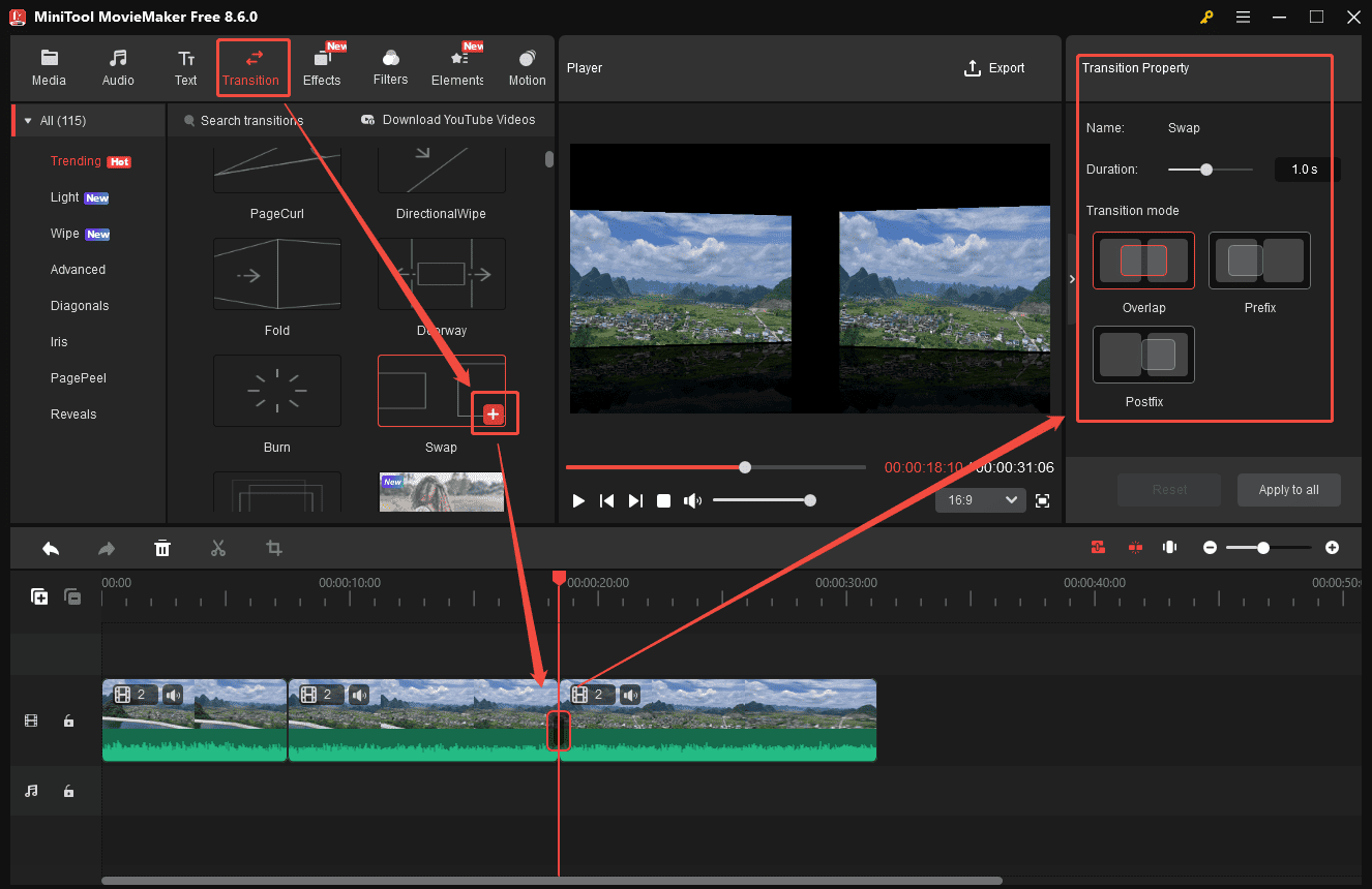 MiniTool MovieMaker interface showing how to make a behind-the-scenes video by adding transitions.