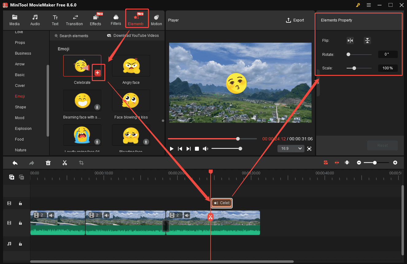 MiniTool MovieMaker interface showing how to make a behind-the-scenes video by adding stikcers.