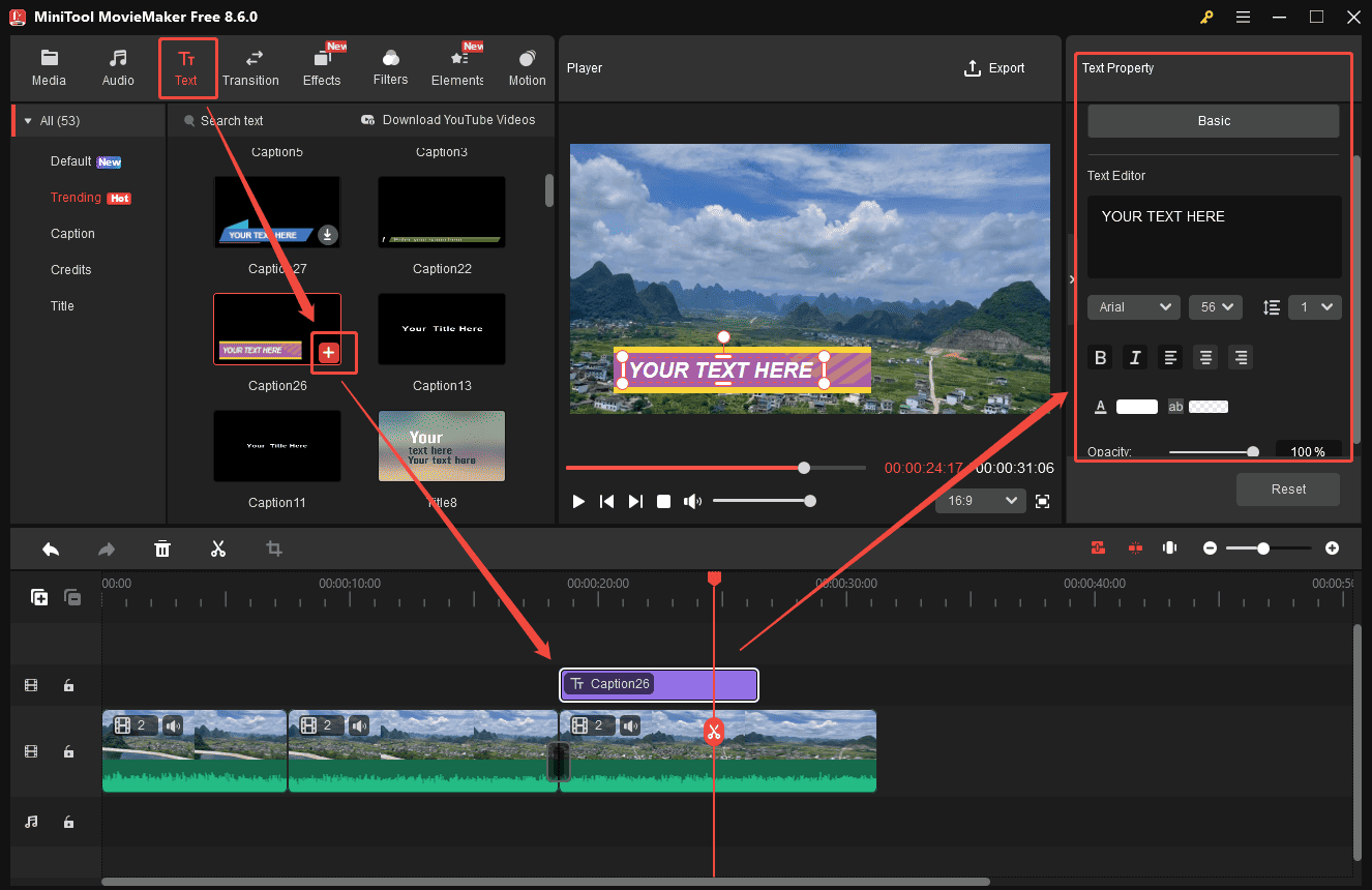 MiniTool MovieMaker interface showing how to make a behind-the-scenes video by adding text.