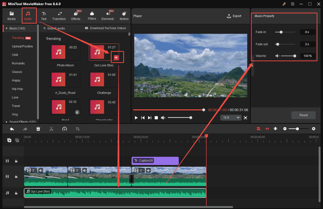 MiniTool MovieMaker interface showing how to make a behind-the-scenes video by adding music.