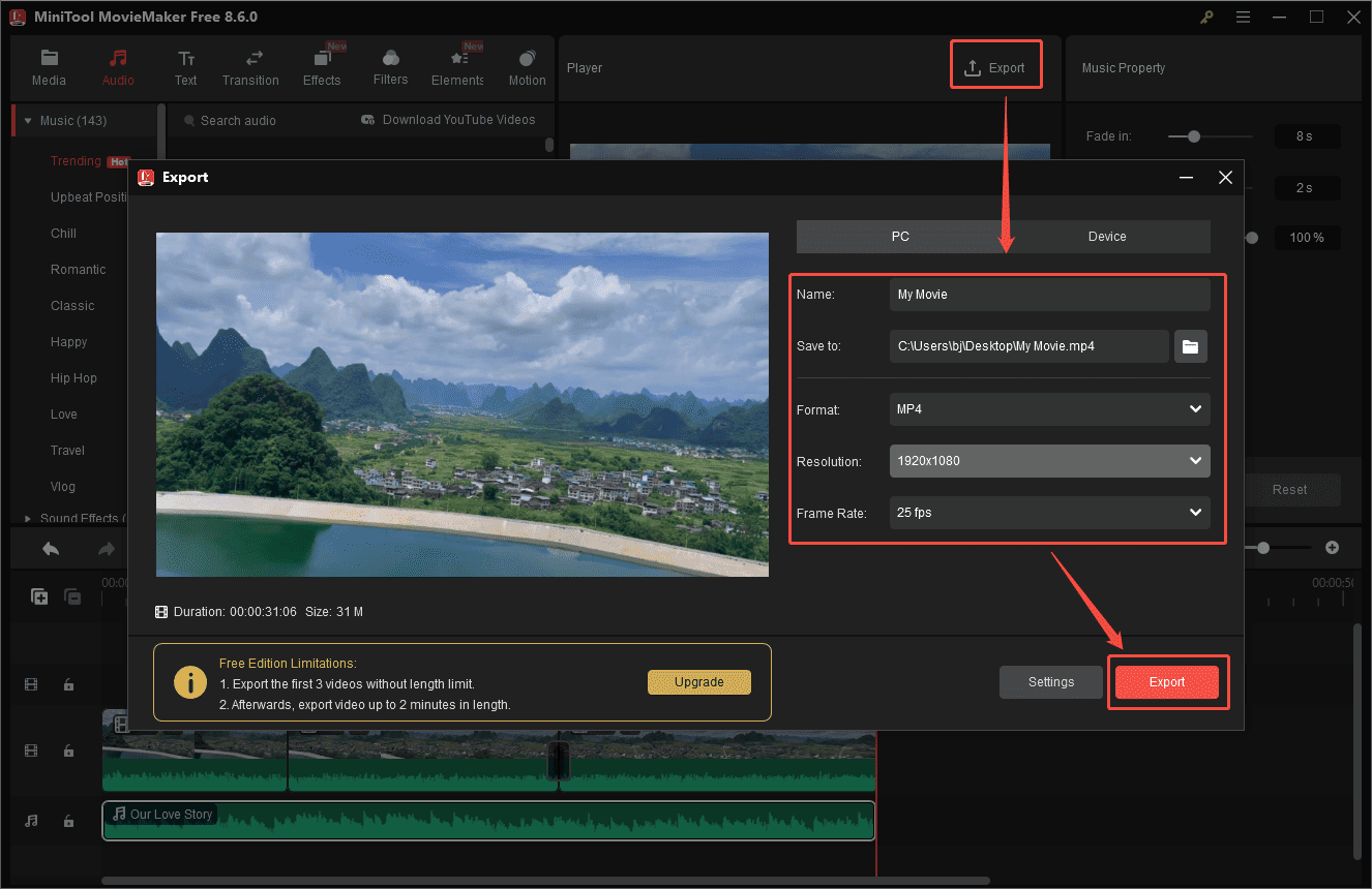 MiniTool MovieMaker interface showing how to save the behind-the-scenes video to the computer.