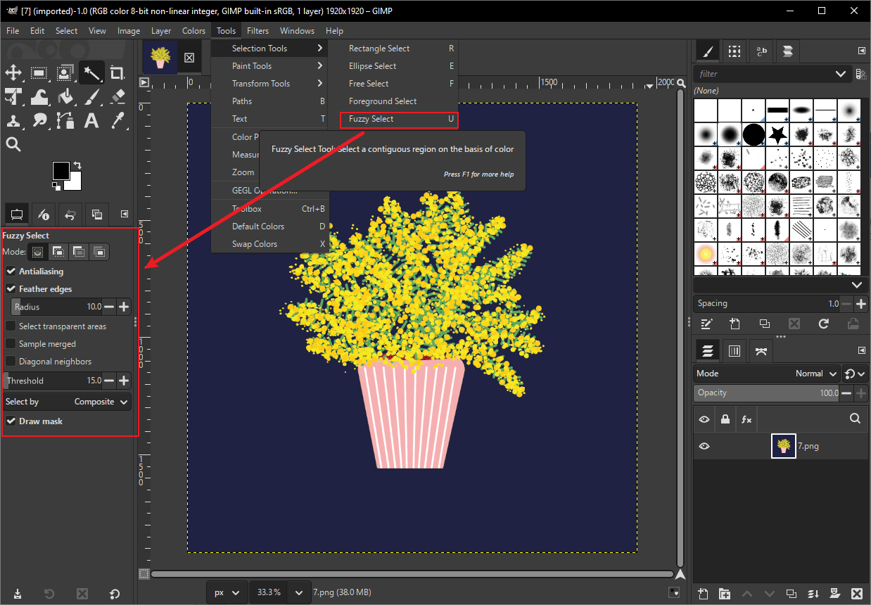 GIMP editing interface showing the selected Fuzzy Select Tool and options.