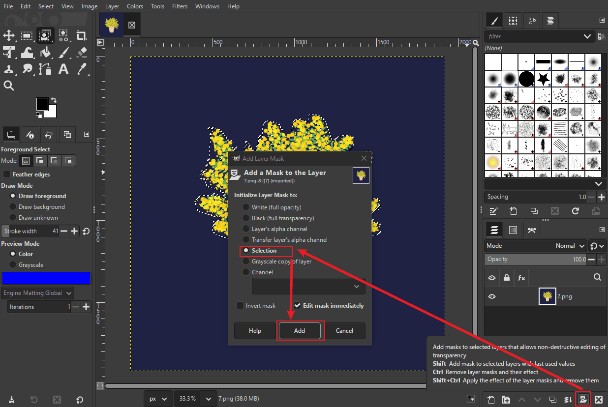 GIMP editing interface showing how to generate the selection.