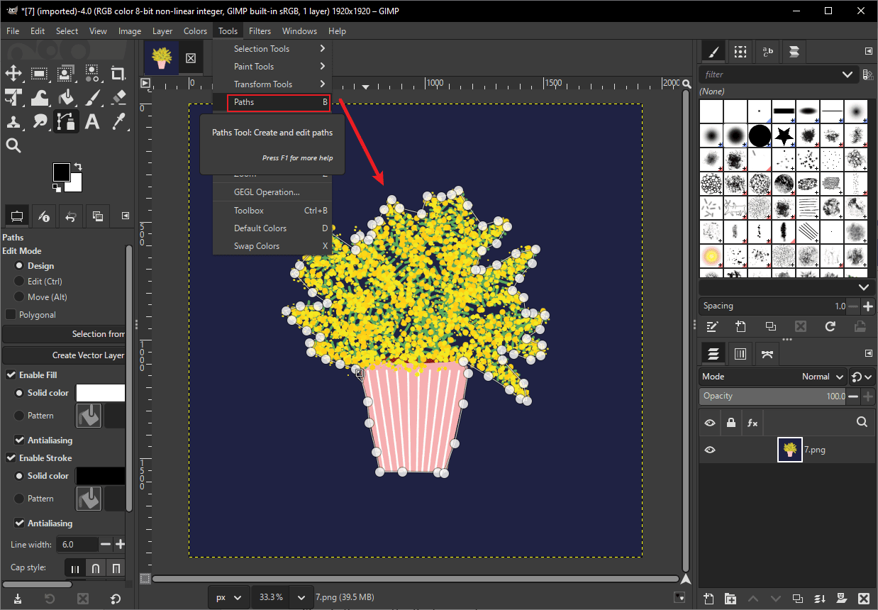GIMP editing interface showing how to create a path around the subject.