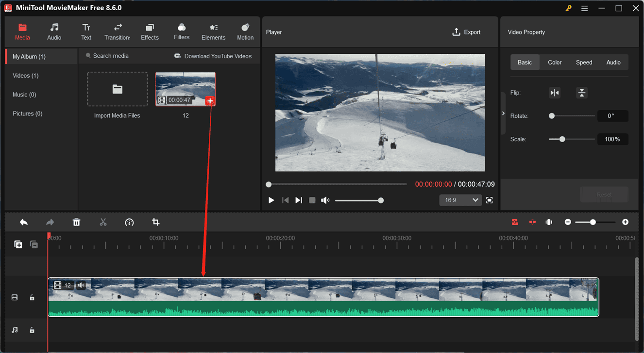 MiniTool MovieMaker interface showing how to add a video to the timeline.