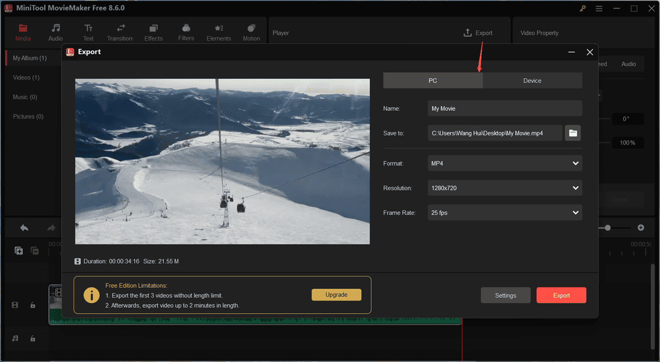 MiniTool MovieMaker interface showing how to export a video.