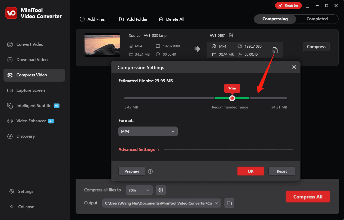 MiniTool Video Converter interface showing how to compress a video for email.