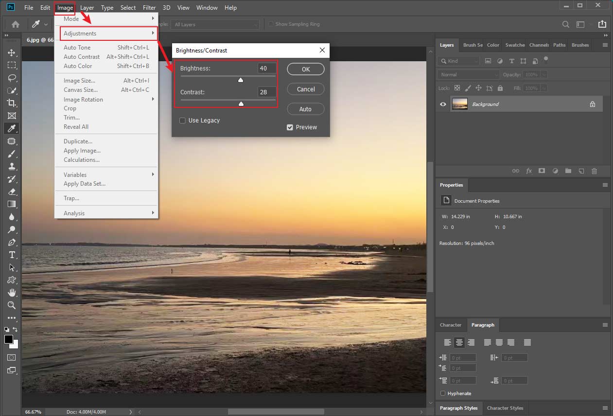 Photoshop editing interface showing how to adjust brightness and contrast.