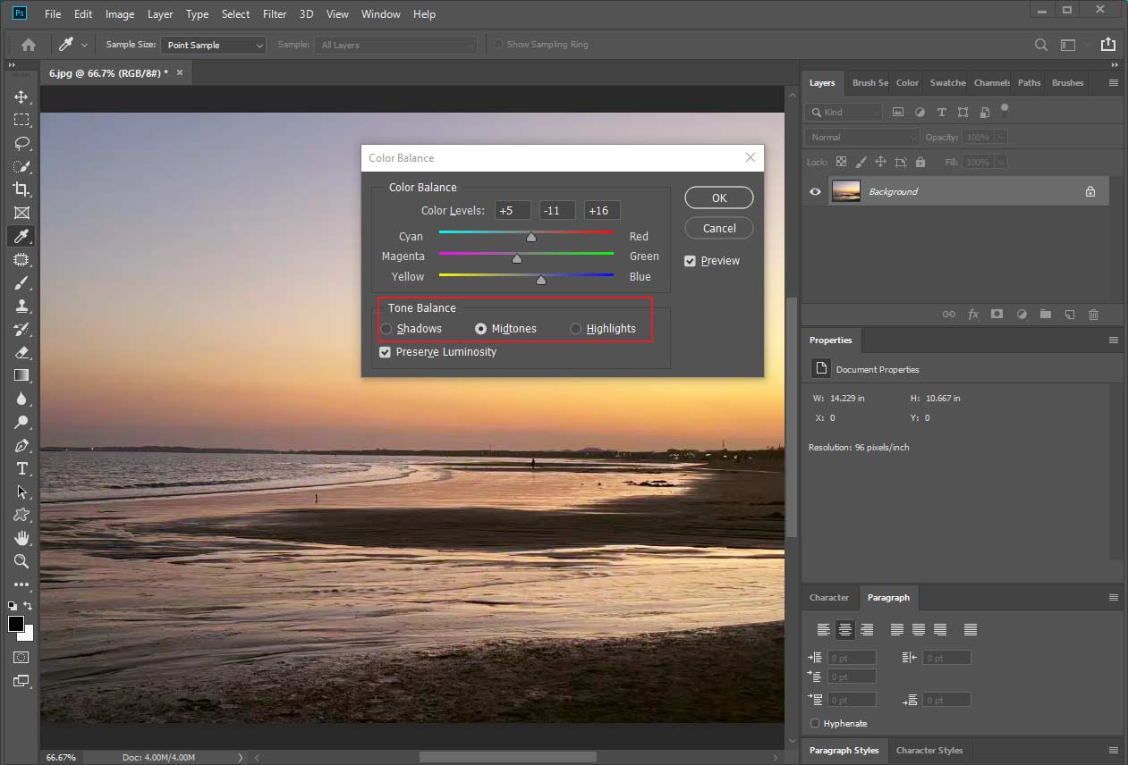 Photoshop Color Balance window showing the selected Tone Balance options.