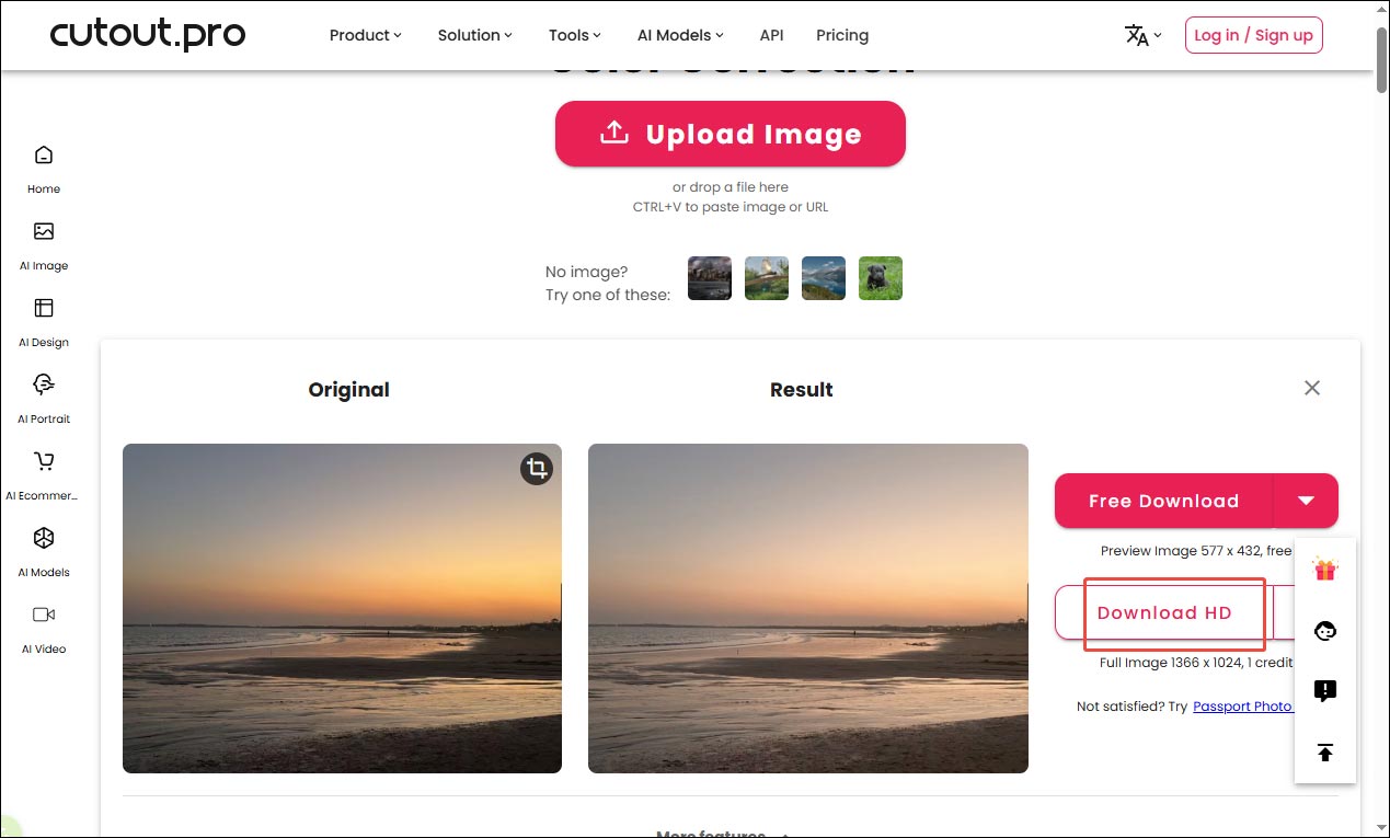 Cutout.Pro interface showing the selected Download HD option.