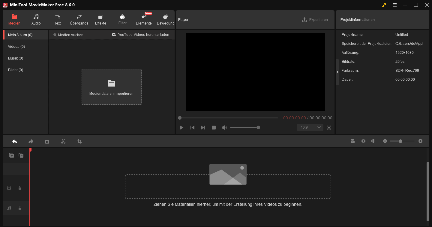 Hauptoberfläche von MiniTool MovieMaker