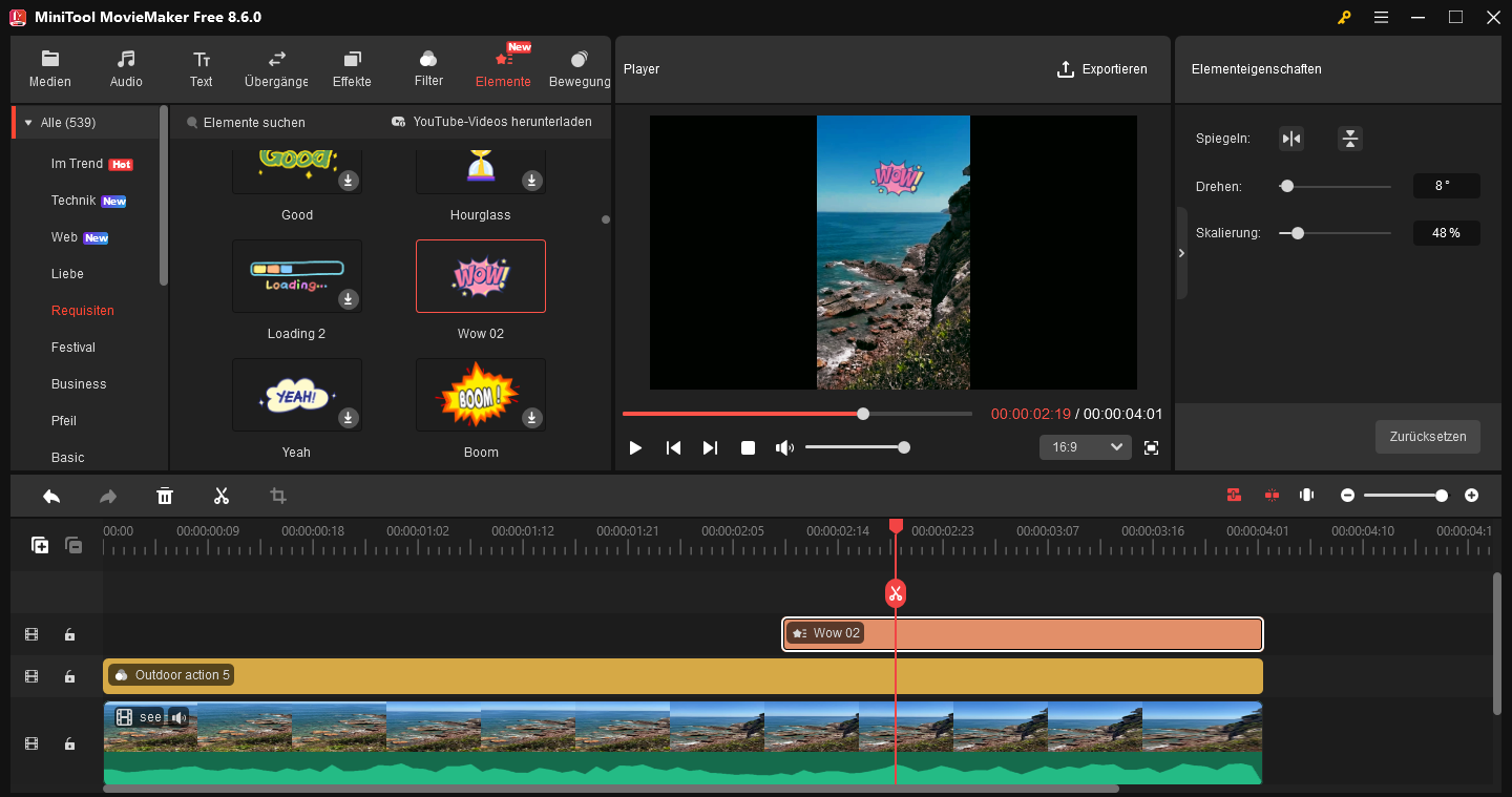 Die Oberfläche von der professionellen Videobearbeitungssoftware MiniTool MovieMaker.