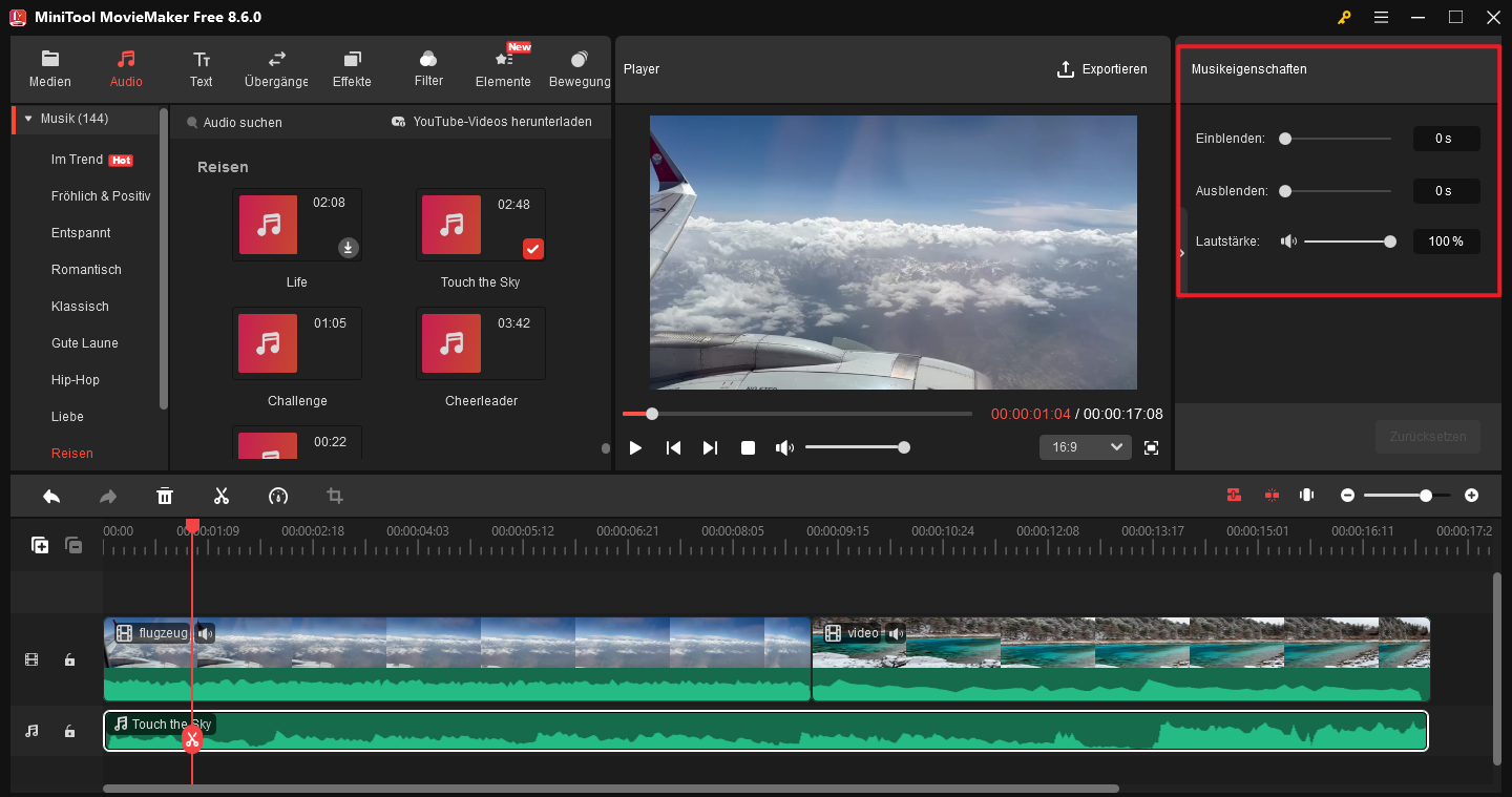 Audio in Video einfügen und Musikeigenschaft in MiniTool MovieMaker ändern.