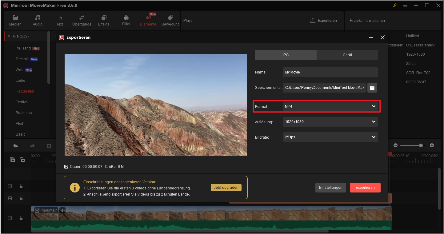 MOV-Datei als MP4 speichern in MiniTool MovieMaker.