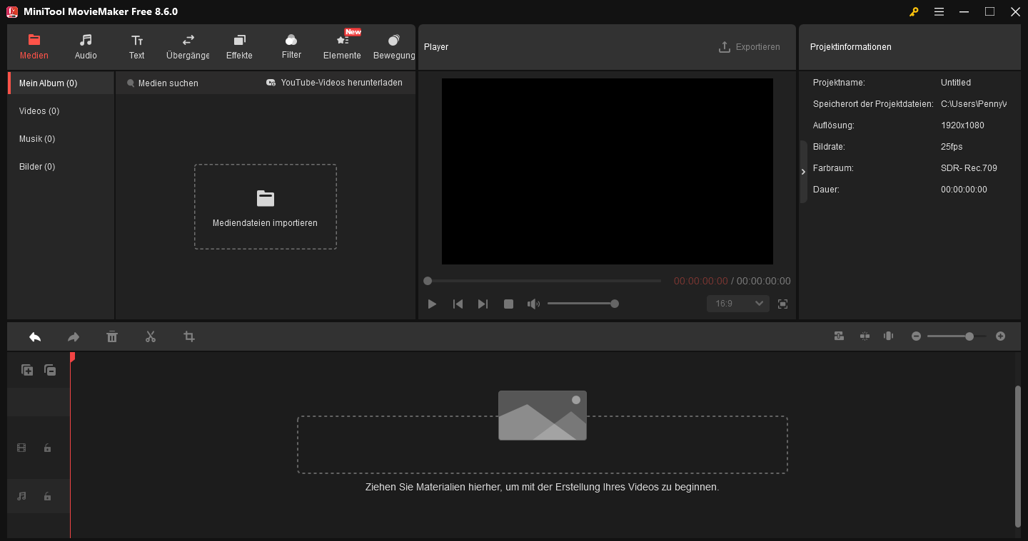 Die Hauptschnittstelle von MiniTool MovieMaker.