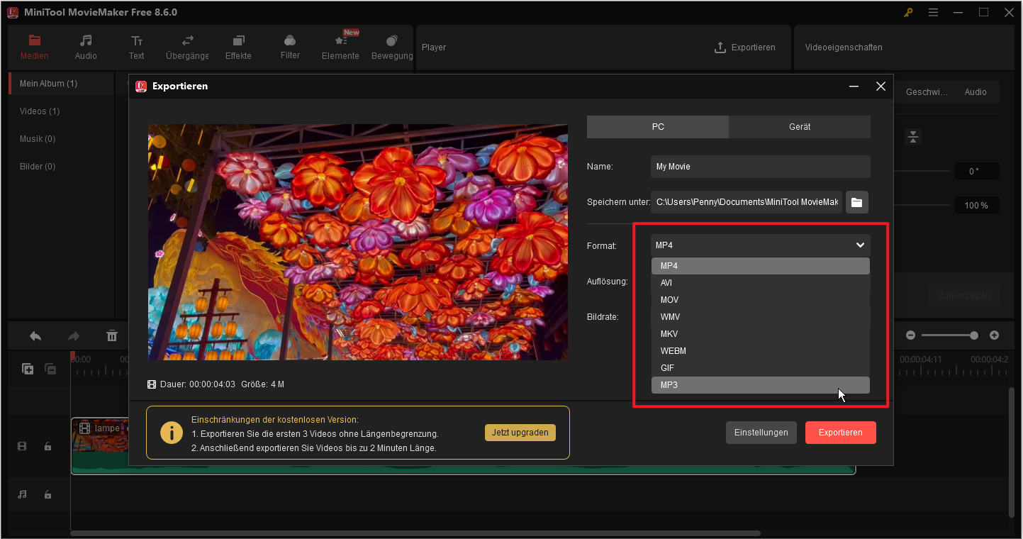 MP4 in MiniTool MovieMaker als MP3 exportieren.