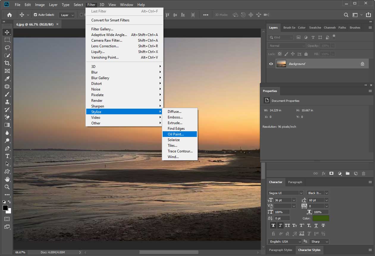 Photoshop editing interface with the selected Oil Paint option from the Stylize dropdown list.