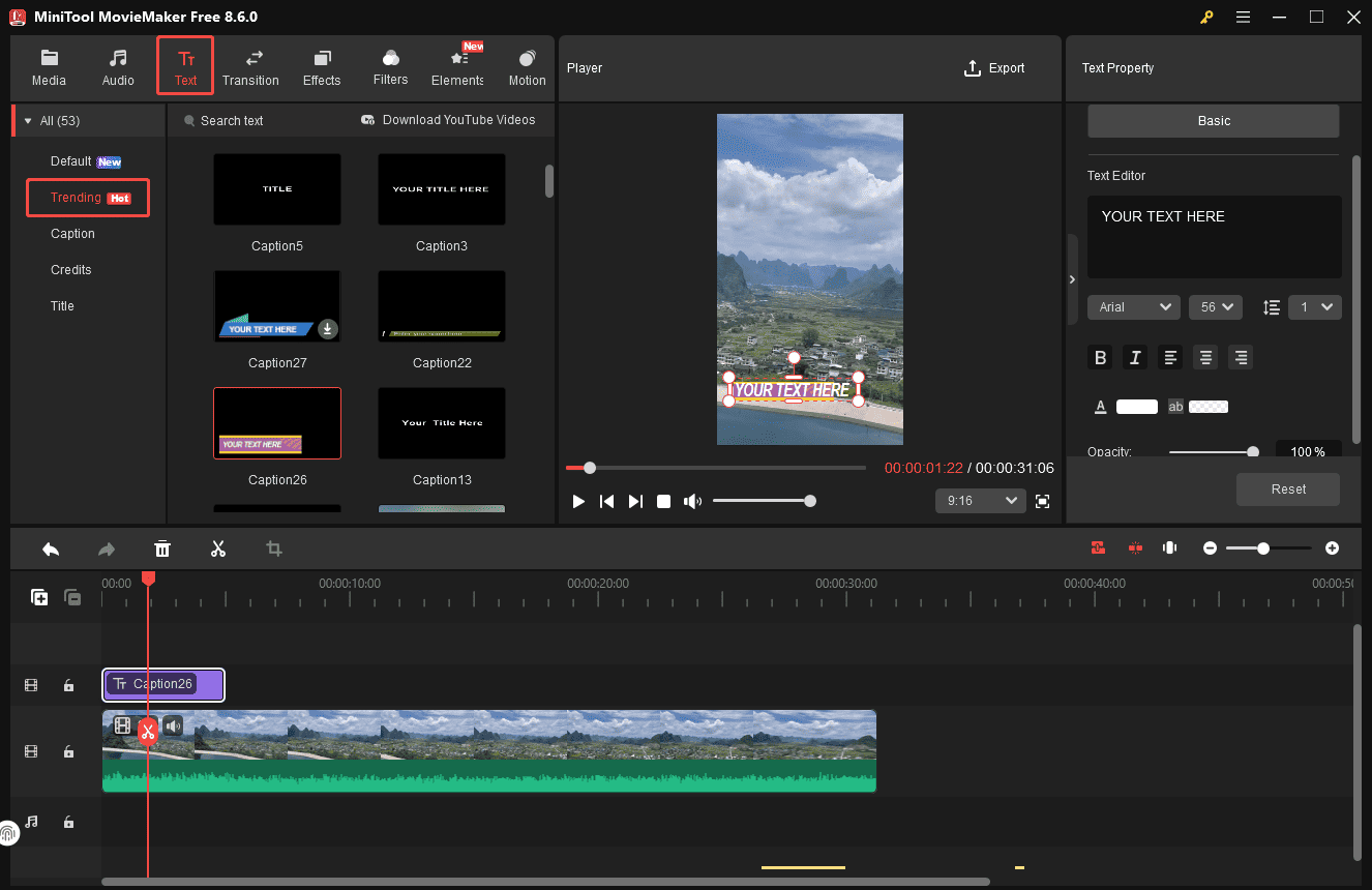 MiniTool MovieMaker interface showing how to edit a Pinterest video by adding text.