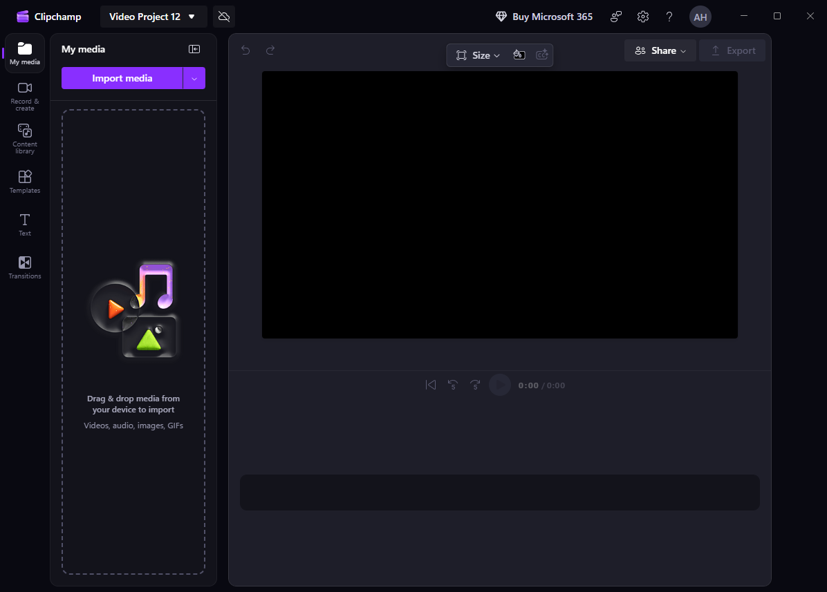 The main editing interface of Microsoft Clipchamp.