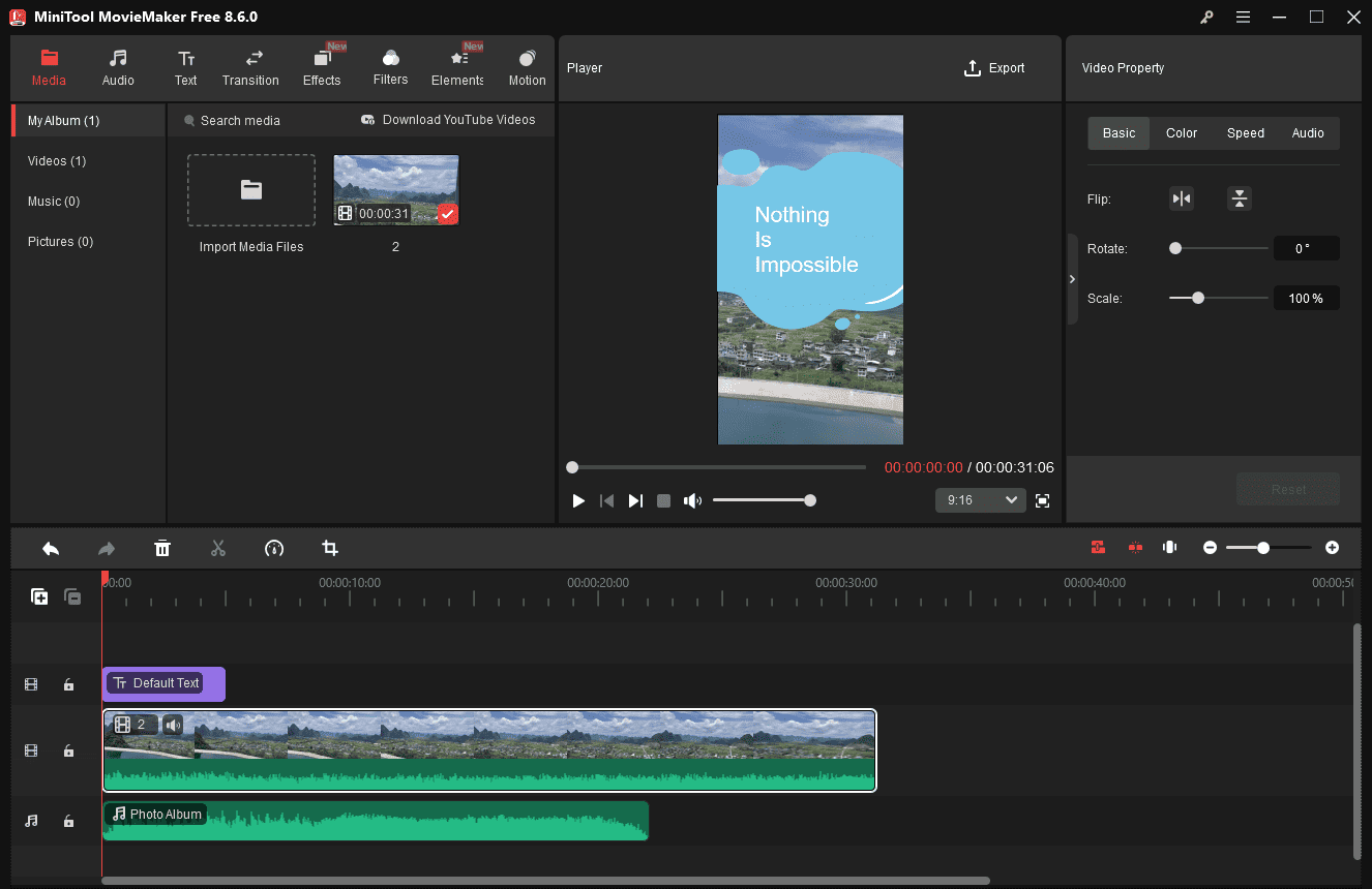 The main editing interface of MiniTool MovieMaker as a quote video maker.