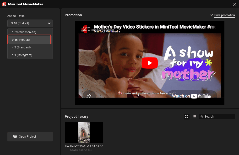 MiniTool MovieMaker project library window with the selected 9:16 (Portrait) option from the Aspect Ratio dropdown menu.