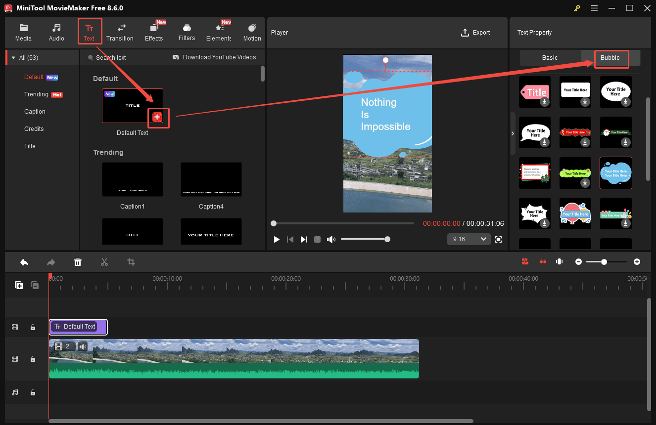 MiniTool MovieMaker interface showing how to add text to the quote video.