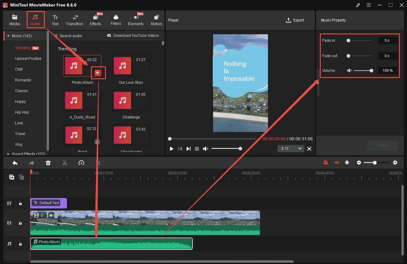 MiniTool MovieMaker interface showing how to add music to the quote video.