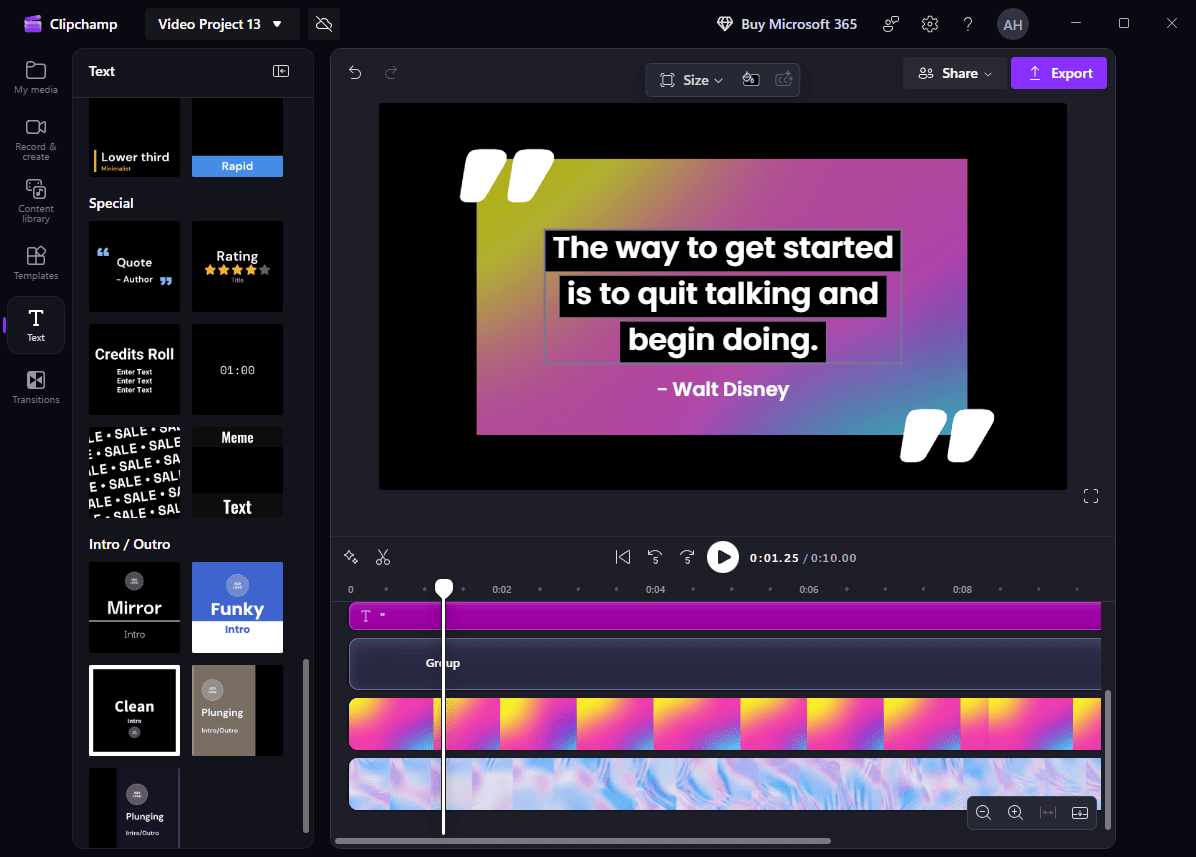 The main editing interface of Microsoft Clipchamp as a quote video maker.