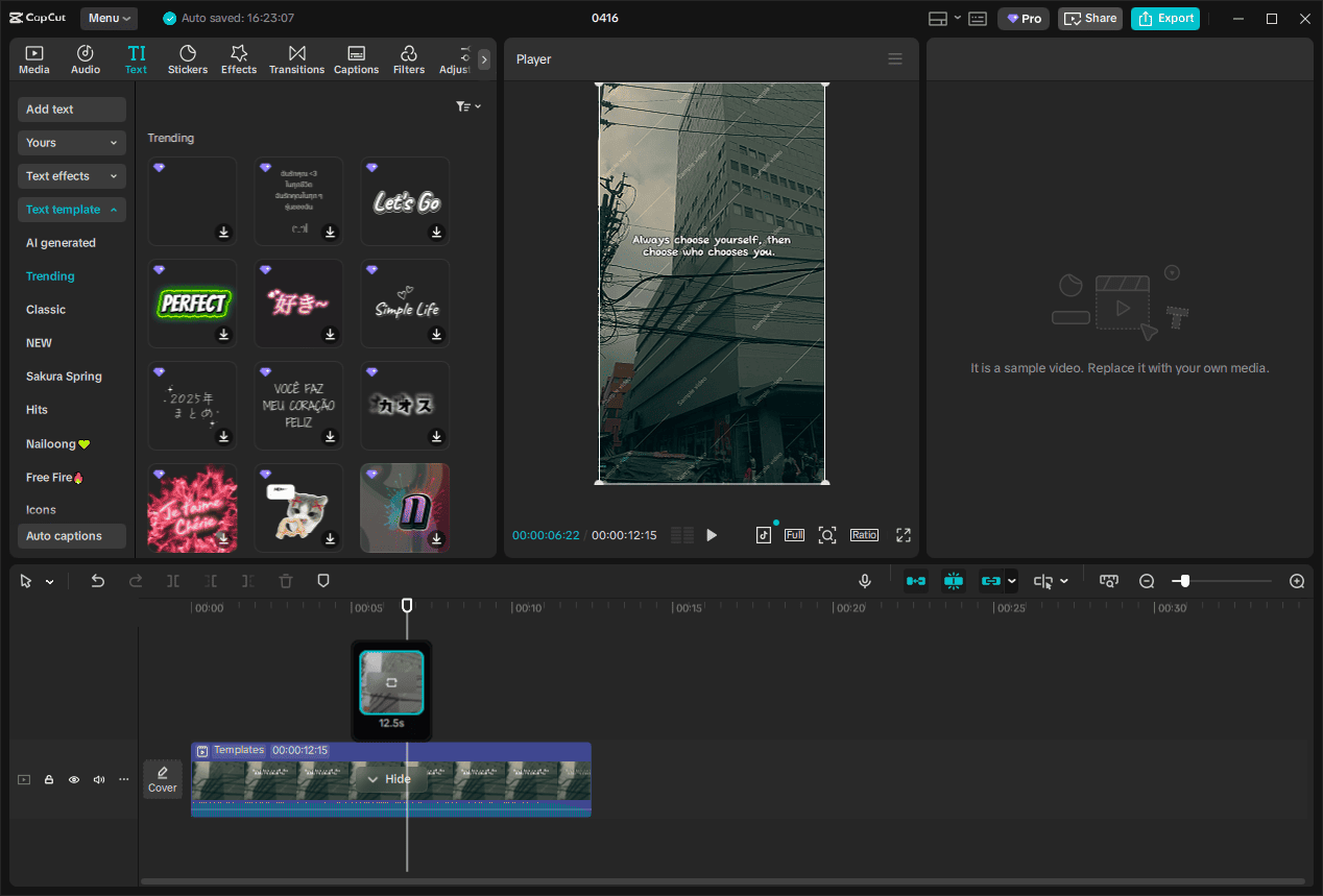The main editing interface of CapCut as a quote video maker.