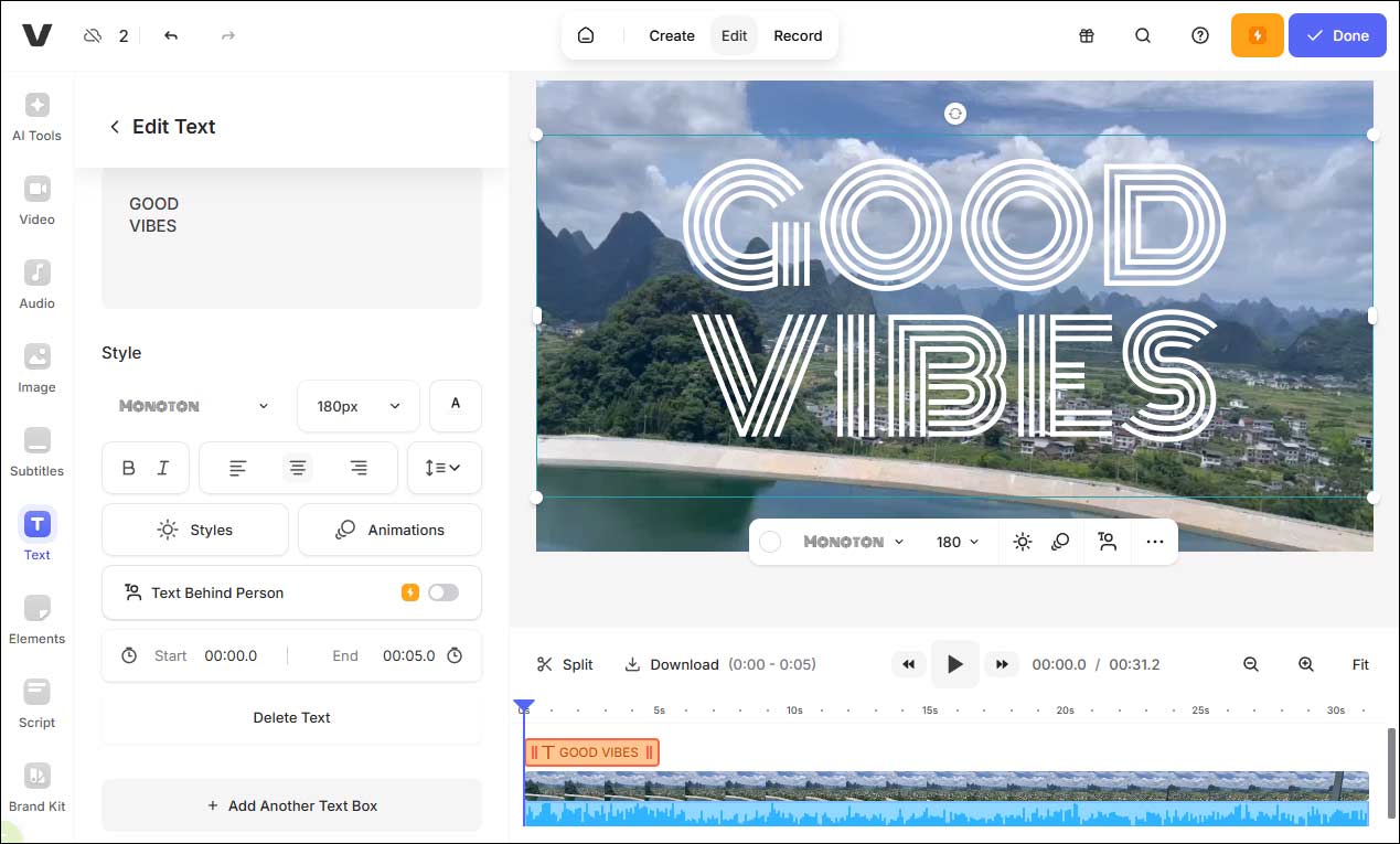 The main editing interface of VEED as a quote video maker.