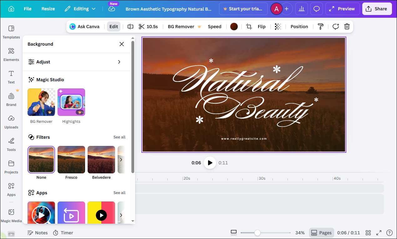 The main editing interface of Canva as a quote video maker.
