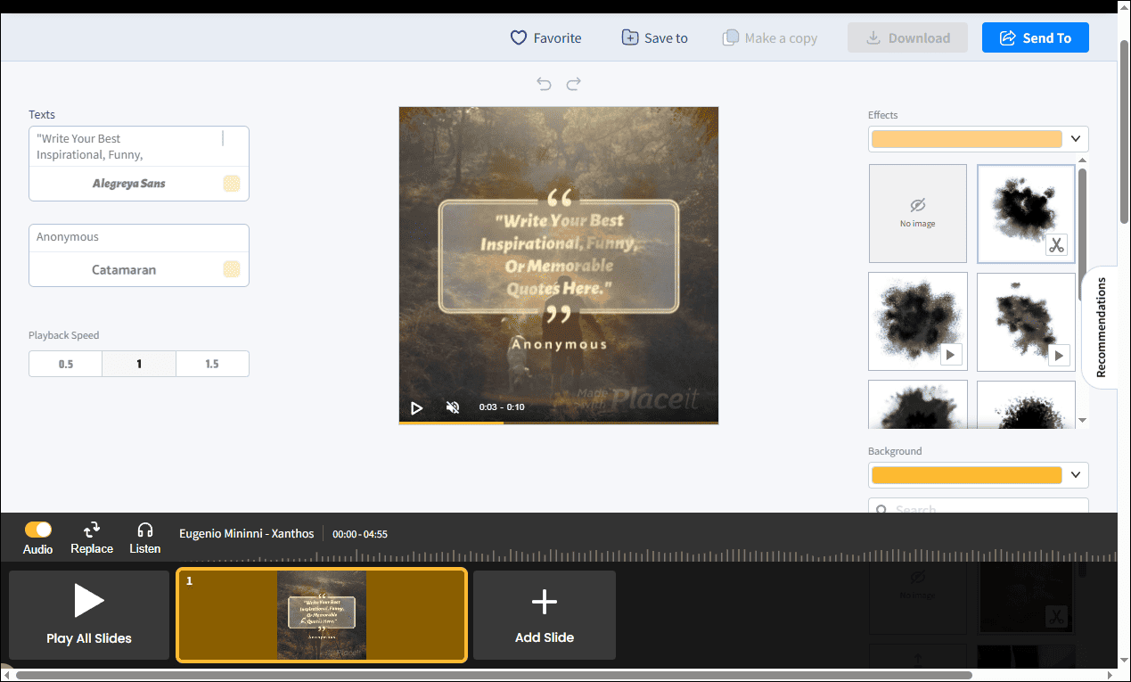 The main editing interface of Placeit as a quote video maker.
