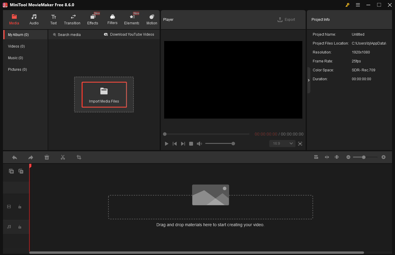 MiniTool MovieMaker editing interface showing the selected Import Media Files option.
