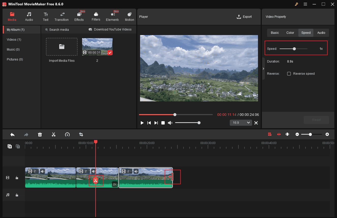 MiniTool MovieMaker editing interface showing the selected Split, Trim, and Speed icons.